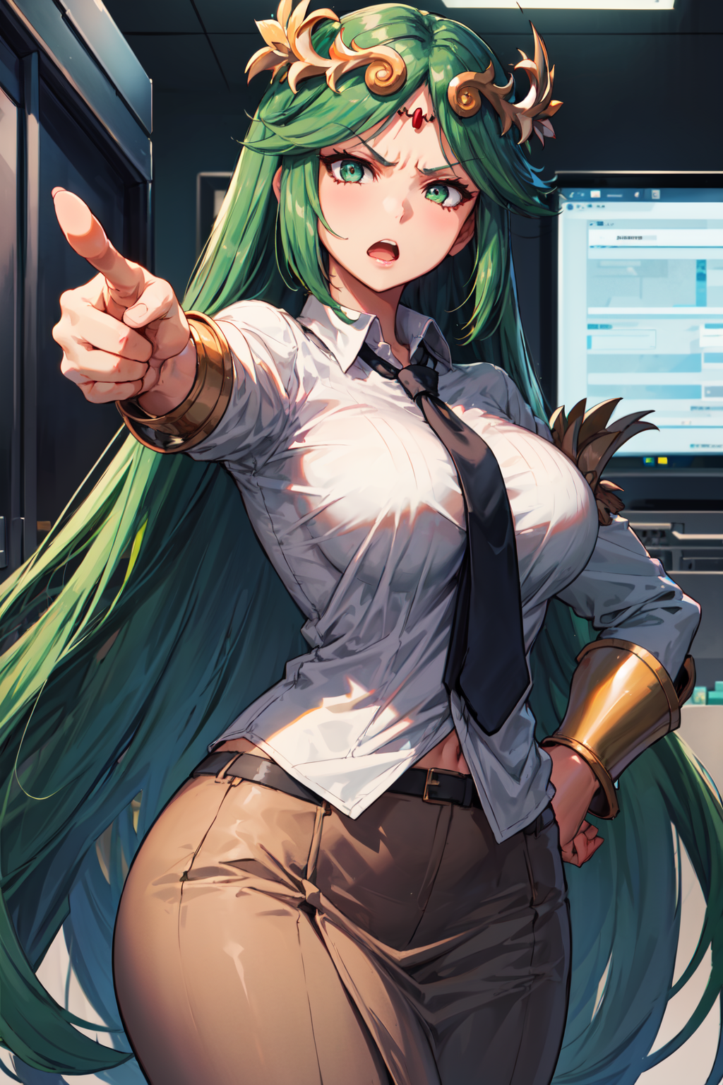 masterpiece,best quality,1girl,hmpa1,palutena,parted bangs,tiara,large breasts,(business suit,necktie),office,angry,pointi...